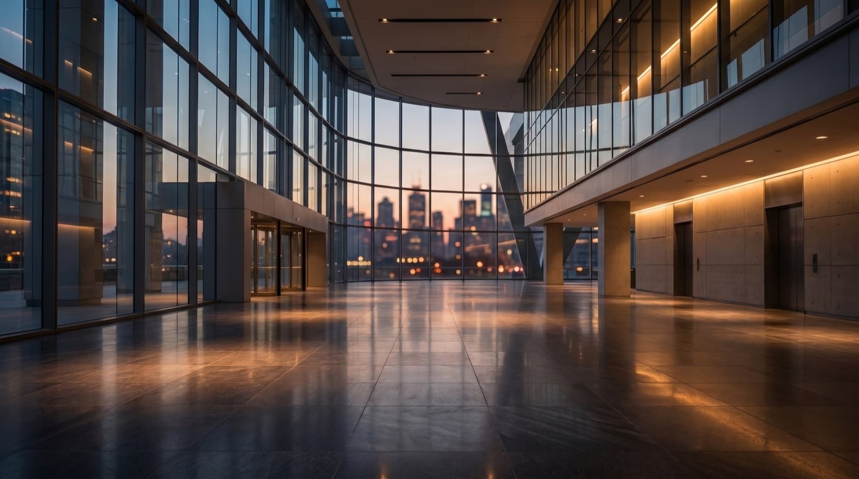 Empty structural glass atrium of a financial-district building at dusk